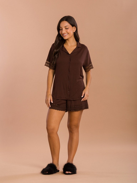 PIJAMA FEMININO CAMISARIA CURTA COM DETALHES EM RENDA