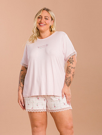 PIJAMA FEMININO PLUS SIZE SHORT DOLL MANGA CURTA DETALHES EM RENDA