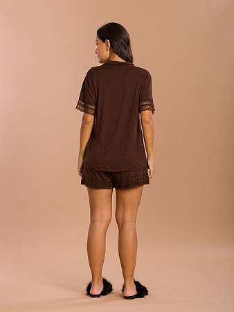PIJAMA FEMININO CAMISARIA CURTA COM DETALHES EM RENDA