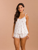 PIJAMA FEMININO SHORT DOLL ALÇA COM LAÇO E DETALHES EM RENDA