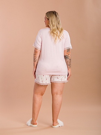 PIJAMA FEMININO PLUS SIZE SHORT DOLL MANGA CURTA DETALHES EM RENDA