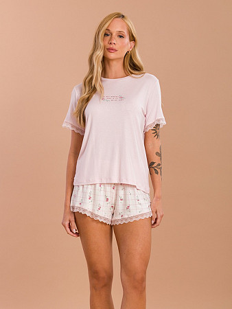 PIJAMA FEMININO SHORT DOLL MANGA CURTA DETALHES EM RENDA