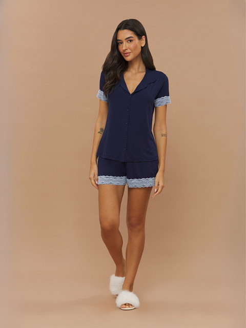 PIJAMA FEMININO CAMISARIA MANGA CURTA COM RENDA