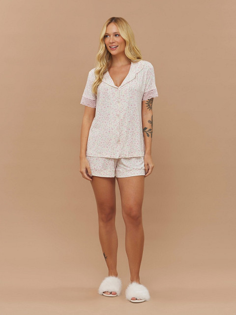 PIJAMA FEMININO CAMISARIA MANGA CURTA COM RENDA