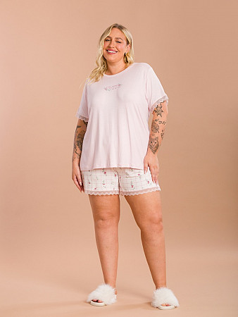 PIJAMA FEMININO PLUS SIZE SHORT DOLL MANGA CURTA DETALHES EM RENDA